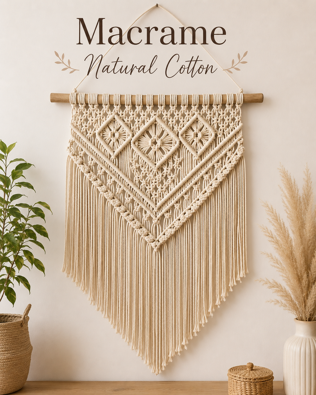 Image 1: Handmade macrame wall hanging in natural cotton – front view