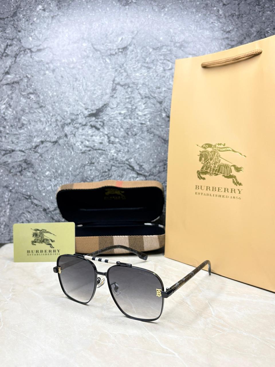 Burberry Navigator Check Temple Sunglasses